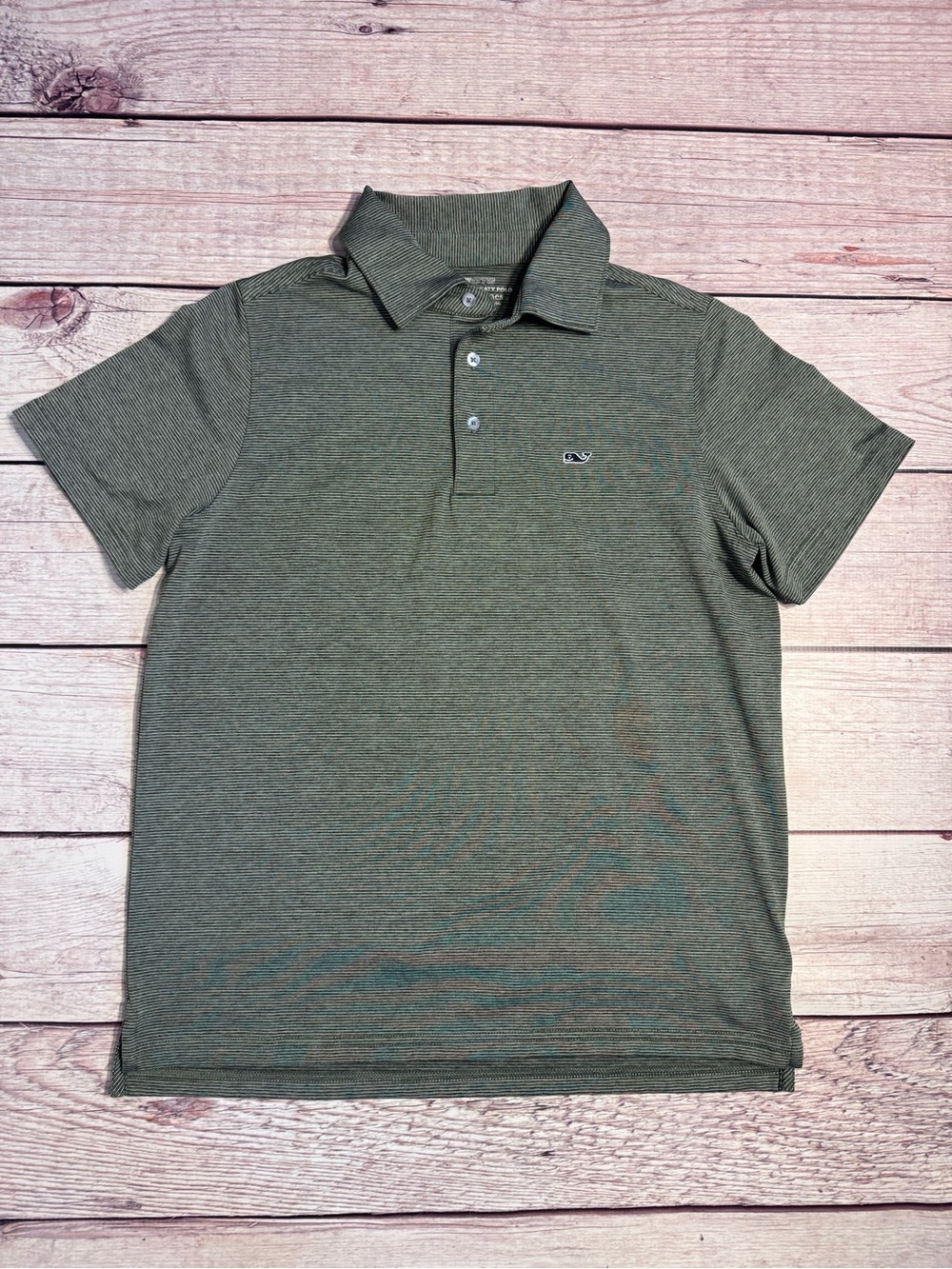 📌EC • Vineyard Vines • Boys • Olive Green/White Striped • On-The-Go Sankaty Polo